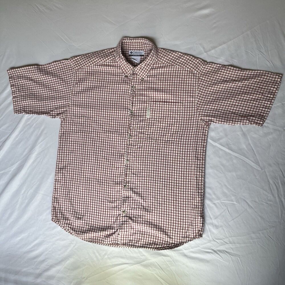 Columbia Shirt Men's Red Plaid Button Down Short Sleeve 100% Cotton Size L VTG